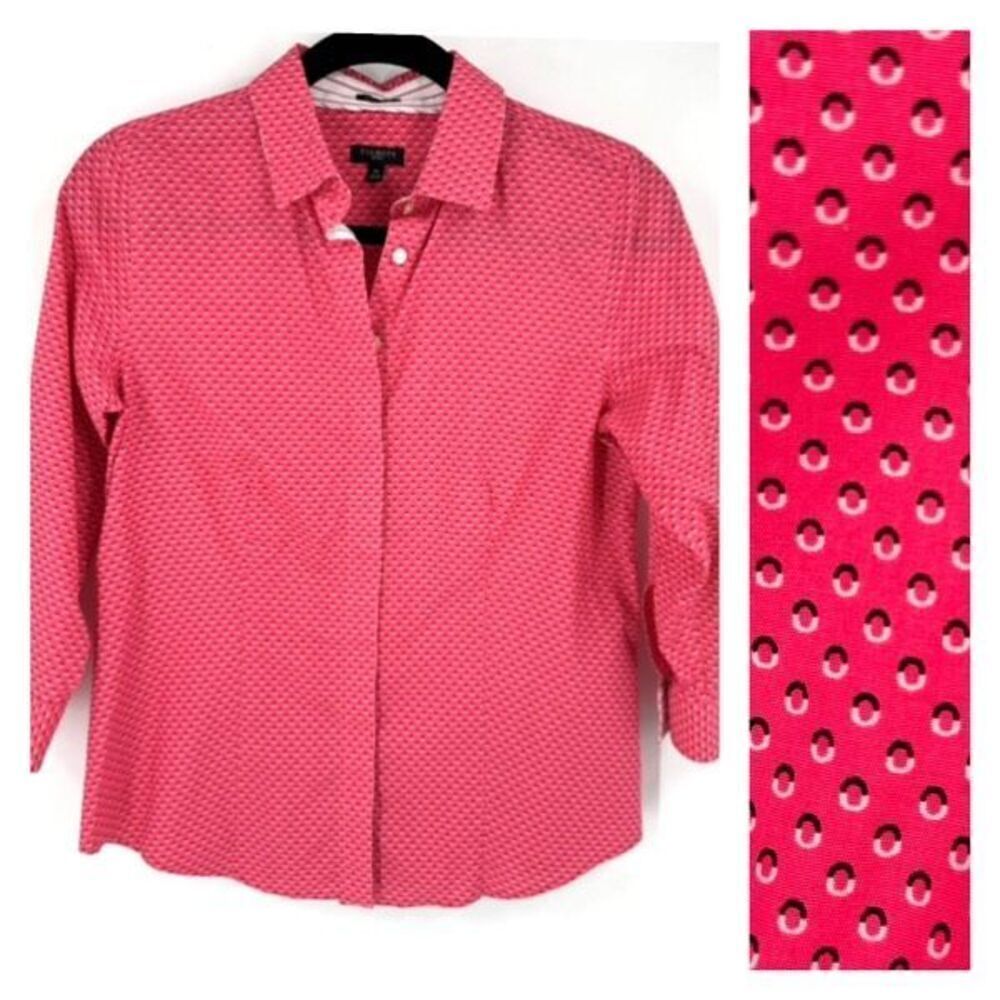 Talbots Wrinkle Resistant Top Blouse Button Down Pink Geometric Size 4 pet small